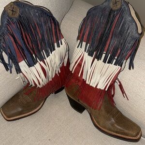 Twisted X Western Boots Patriotic Red/White/Blue fringe on Brown Boots Sz 6